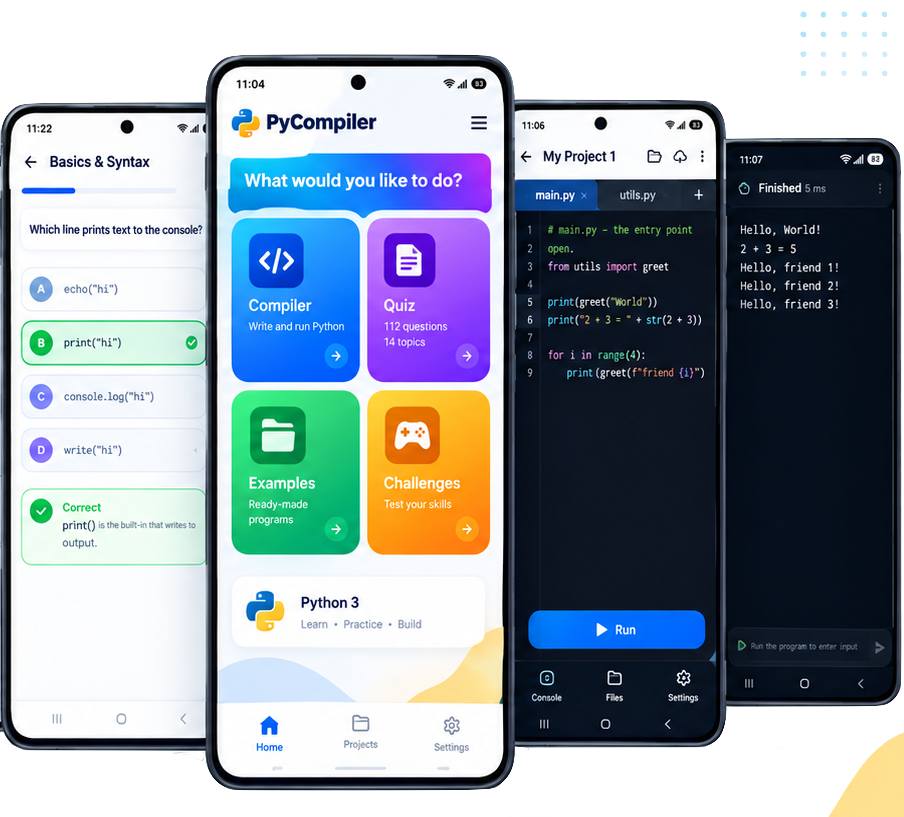 Coding Python app on four Android phones: quiz, home screen, code editor with main.py and utils.py, and console output