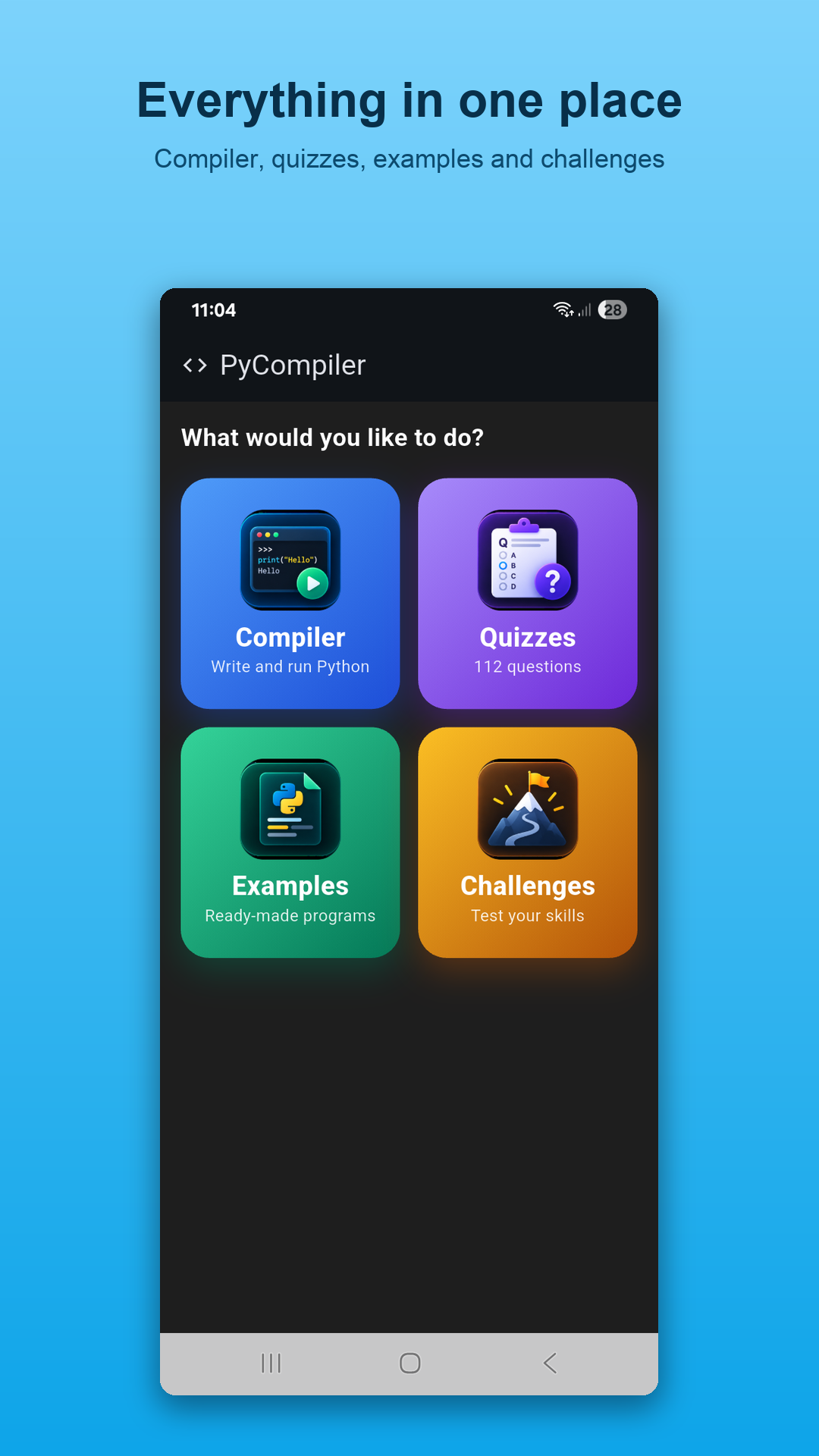 App home: Compiler, Quizzes, Examples, Challenges