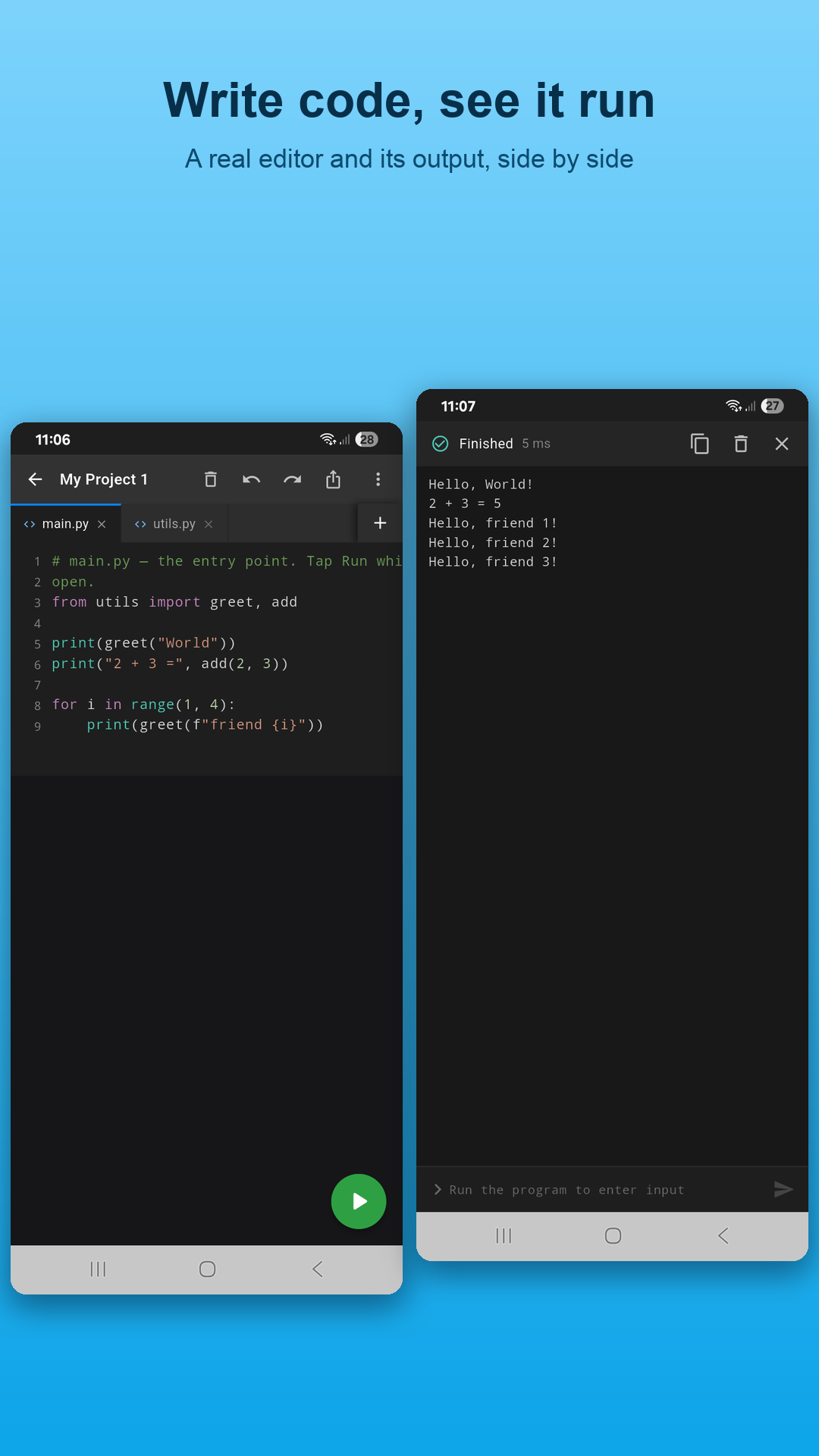Python code editor with console output